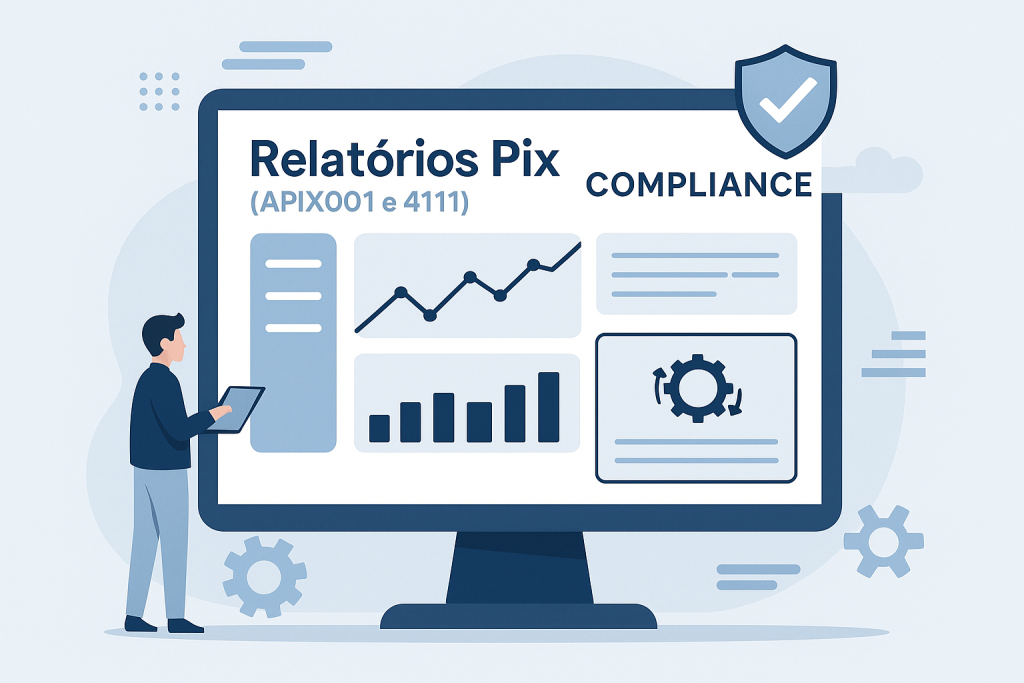 Dashboard de fintech mostrando relatórios Pix e automação de compliance regulatório