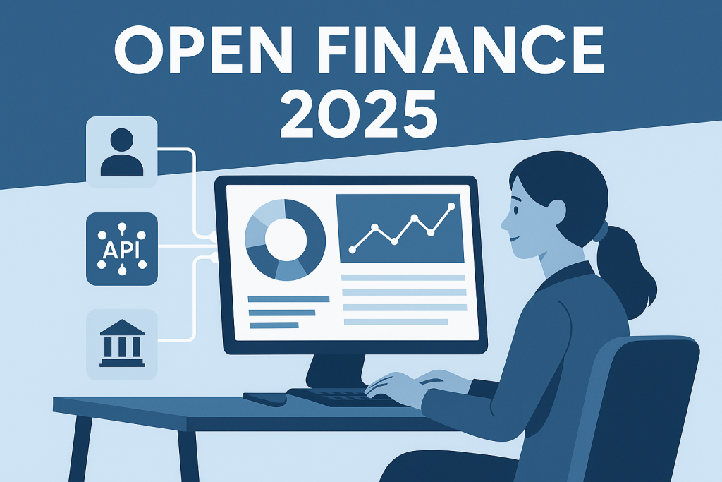 Ilustração de dashboard financeiro mostrando integração de dados via Open Finance em 2025