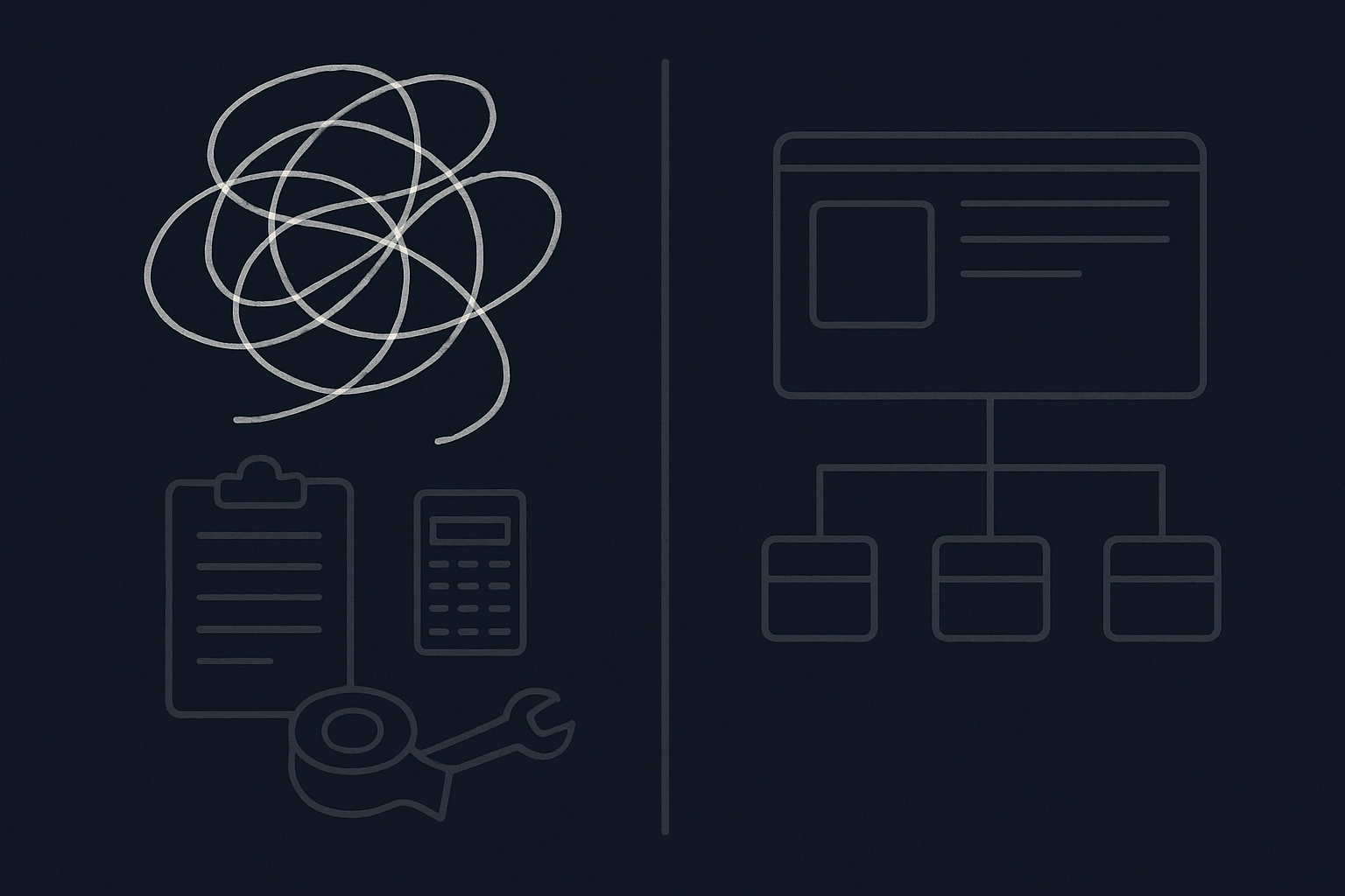 Ilustração editorial sobre improviso operacional versus software sob medida